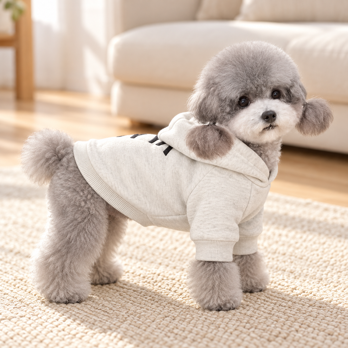 NEW YORK裏起毛パーカーでお出かけする犬