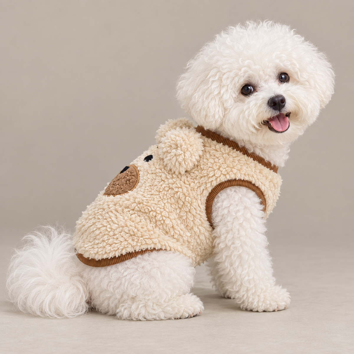 アプリコットのくまボアベストを着た白い犬